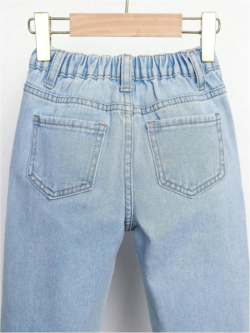 WDIRARA Girls' Butterfly Print Jeans Baggy Denim Pants Elastic Waist Raw Hem Trousers - Image 4